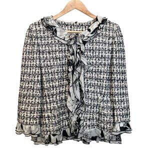 ST JOHN COUTURE Boucle Zip Up Jacket with Ruffled Silk Scarf Trim Chanel-Like
